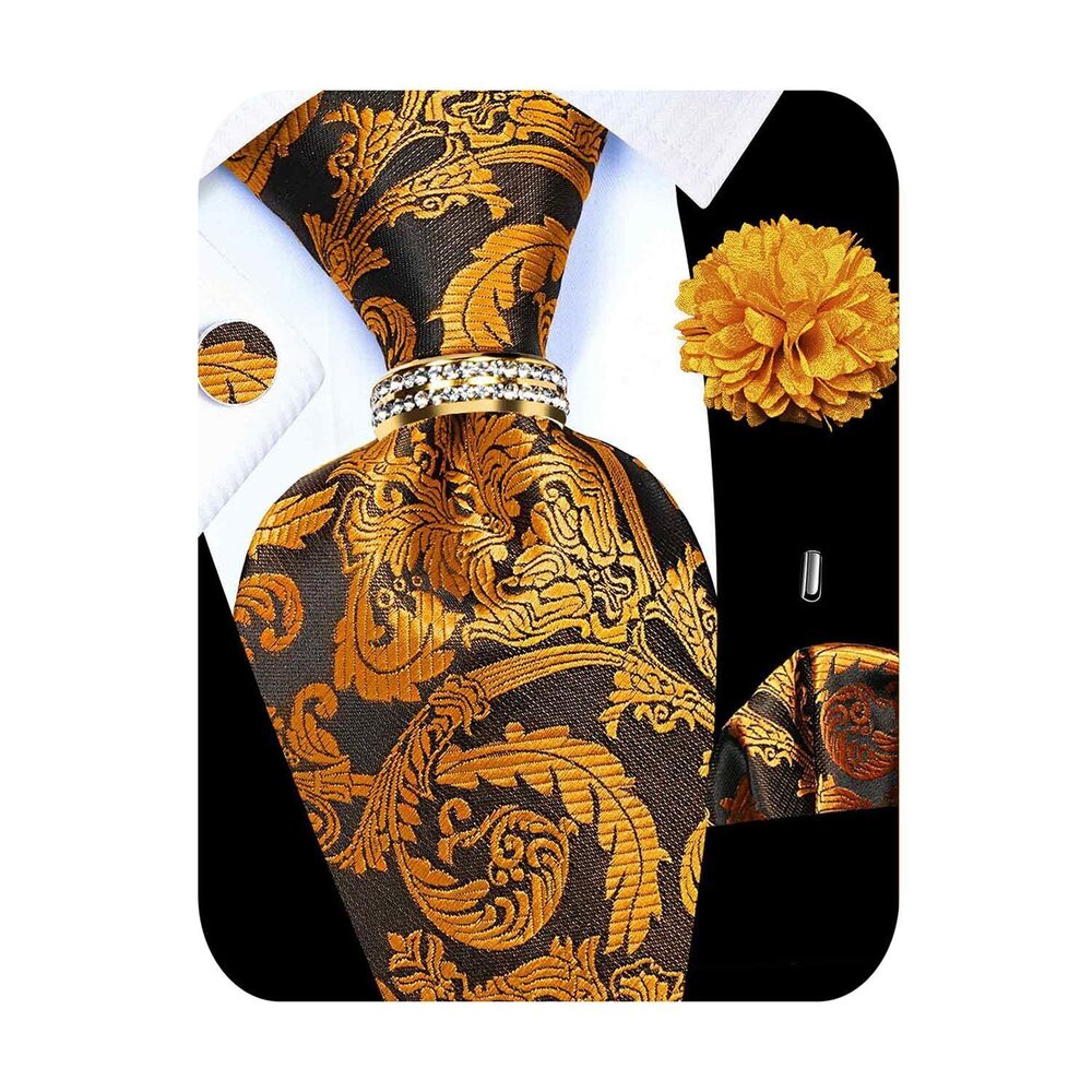 4188 5PCS Gold Paisley Tie Pocket Square , Silk Necktie